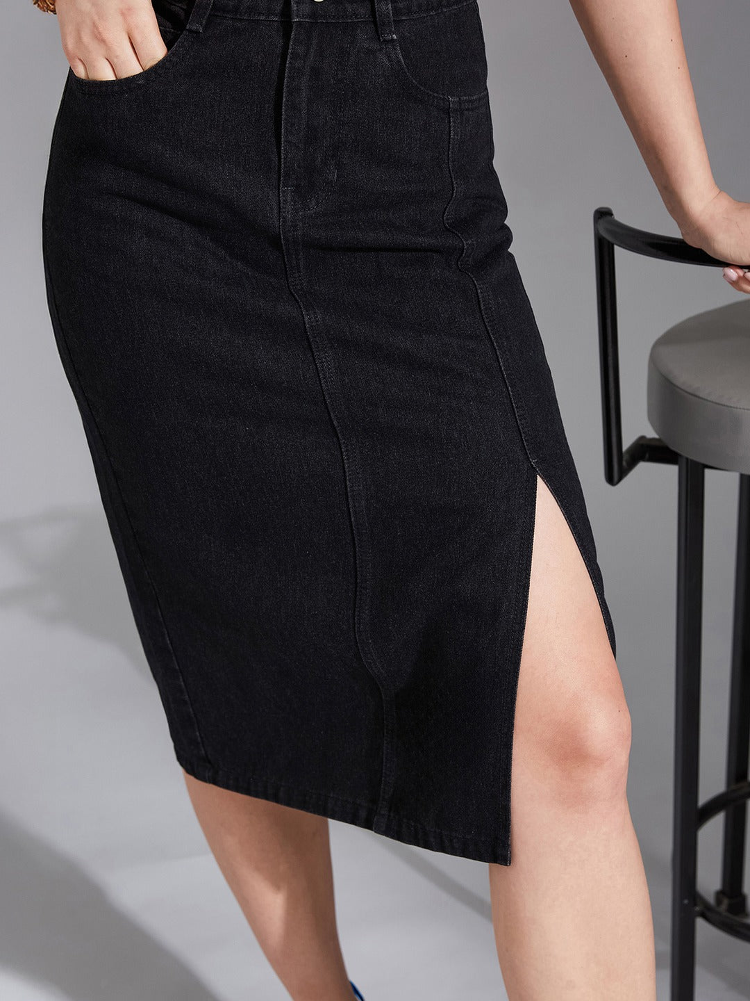 Black Straight-Fit High-Rise Stretchable Denim Midi Skirt for Women