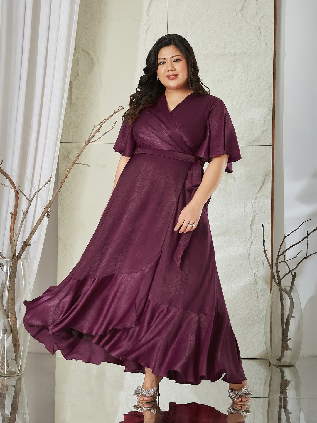 Wine V-Neck Flared Solid Overlap/Tie-Up Midi Satin Dress for Women