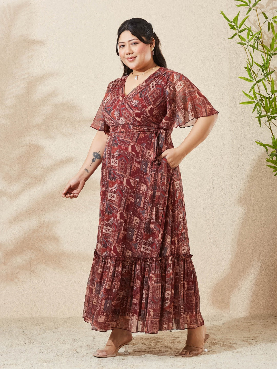 Brown Floral V-Neck Flared Sleeve Wrap Maxi Chiffon Dress for Women