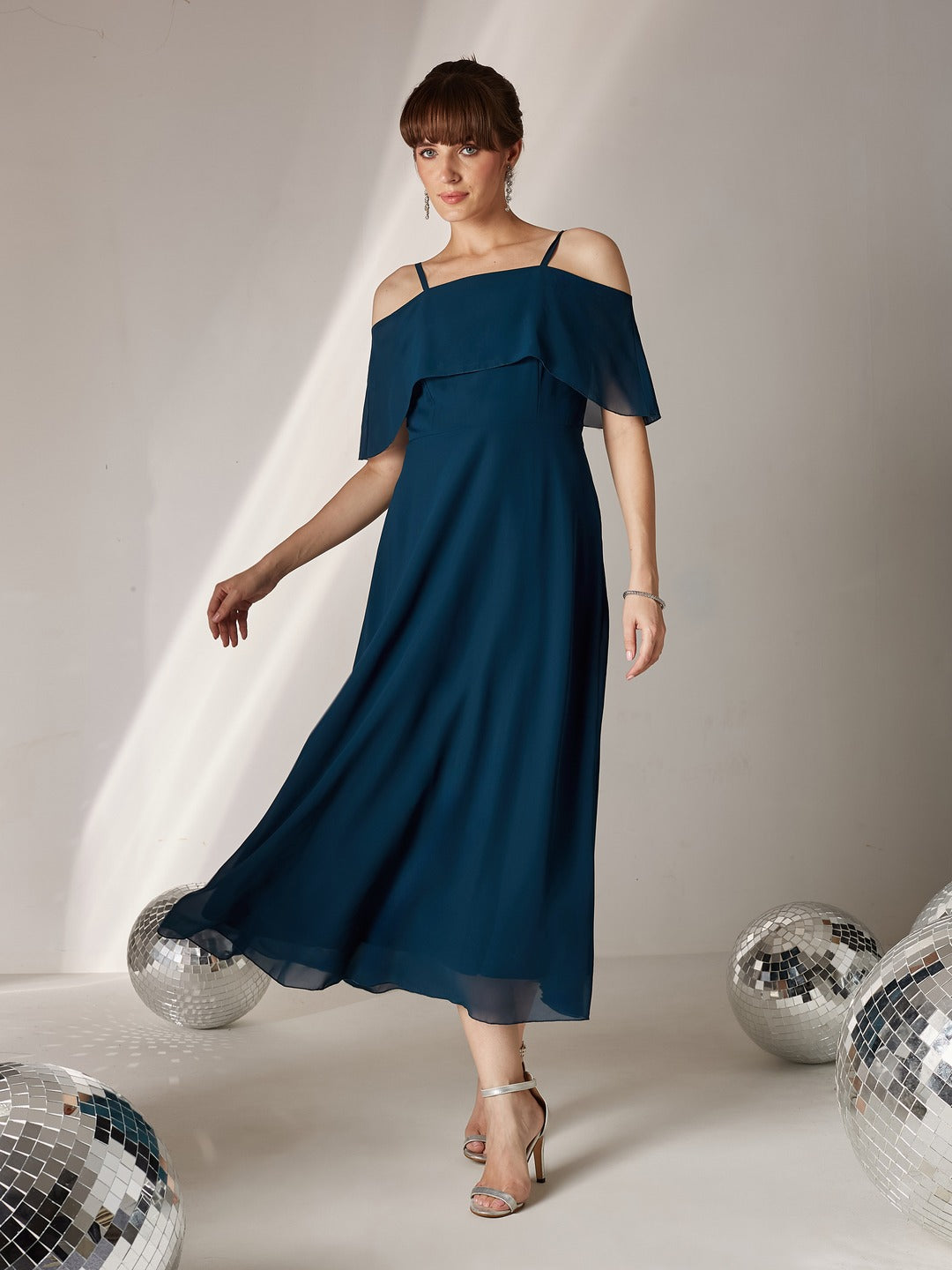 Teal Bardot Style Sleeveless Spaghetti Strap Solid Off Shoulder Midi Skater Dress for Women