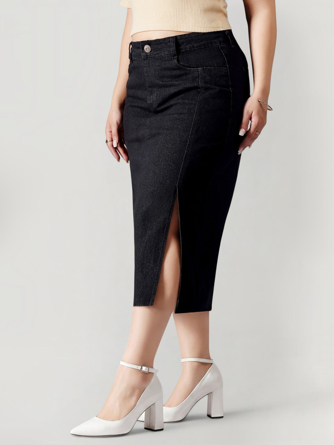 Black Straight-Fit High-Rise Stretchable Denim Midi Skirt for Women