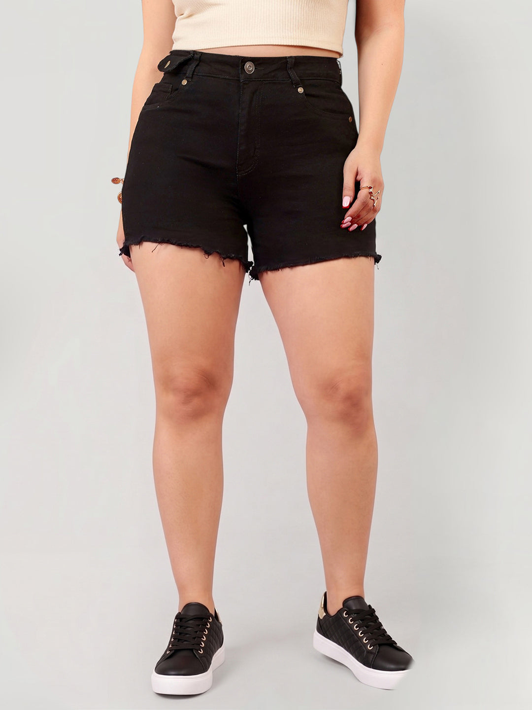 Black Relaxed Fit High-Rise Stretchable Denim Shorts for Women