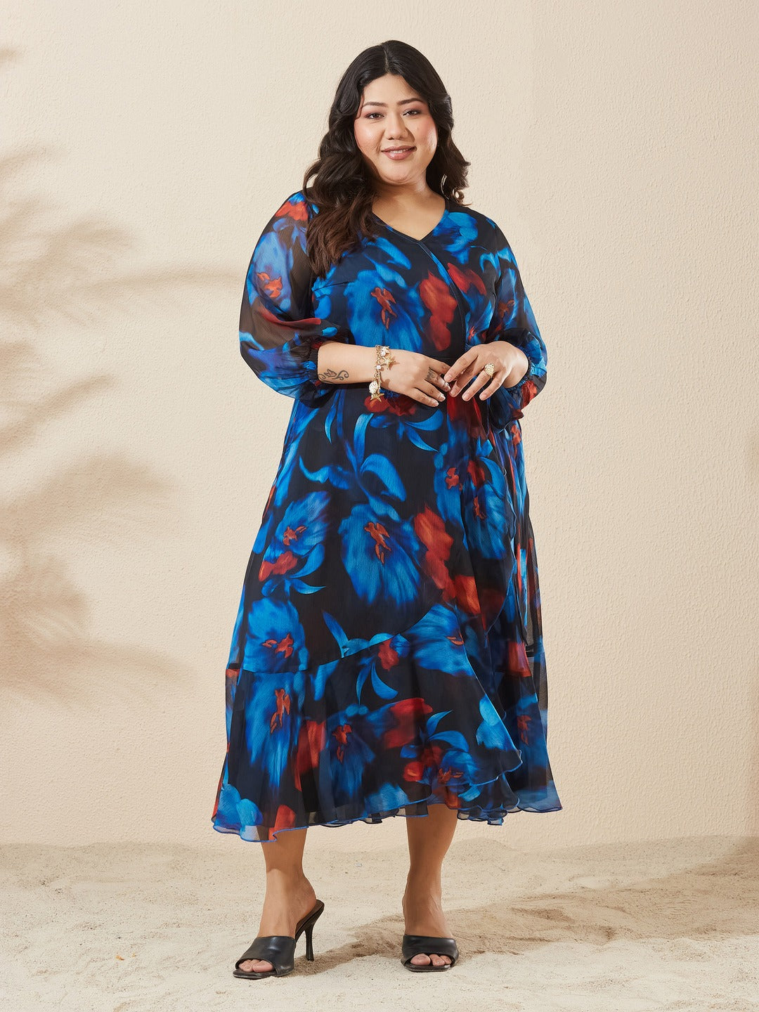 Black Floral V-Neck 3/4 Sleeve Wrap Chiffon Midi Dress for Women