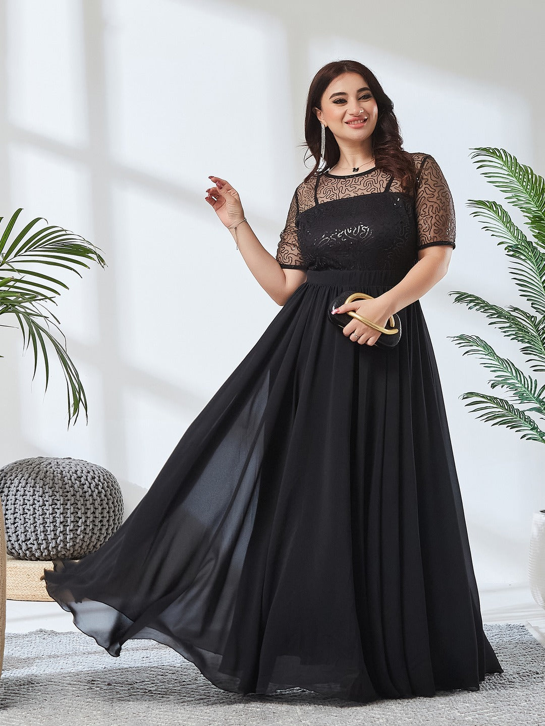 Mauve Relaxed Fit Maxi Georgette & Sequins Dress for Women