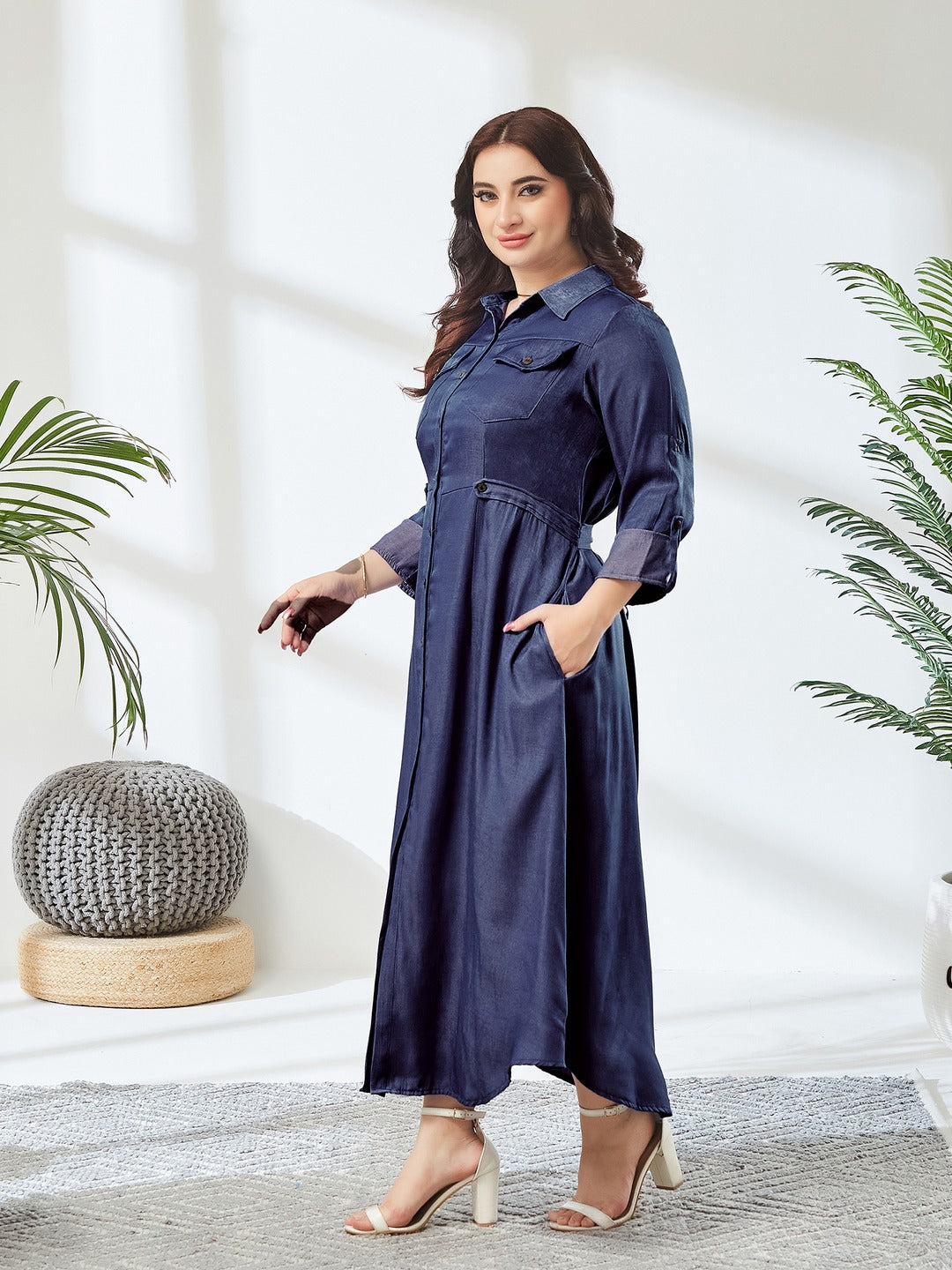 Blue Shirt Collar 3/4 Sleeve Solid Midi Polyester Shirt Dress for Women