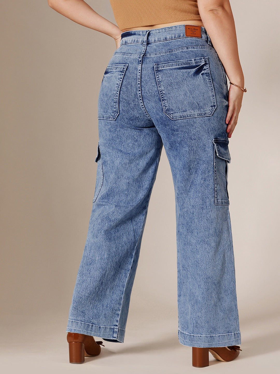 Light Blue Wide-Leg High-Rise Stretchable Flared Cargo Style Denim Jeans for Women