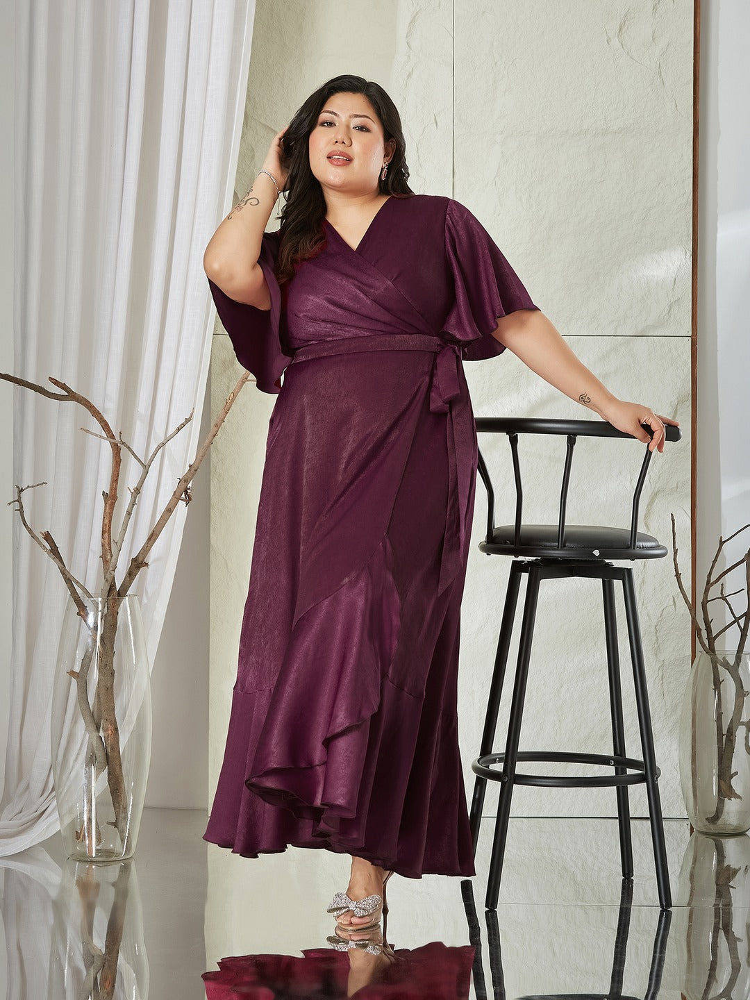 Wine V-Neck Flared Solid Overlap/Tie-Up Midi Satin Dress for Women
