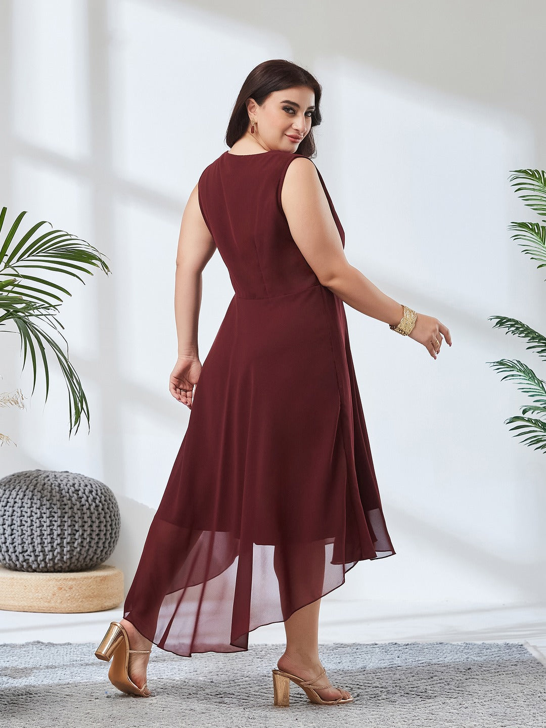 Wine Red V-Neck Sleeveless Solid High-Low Midi Skater Dress for Women