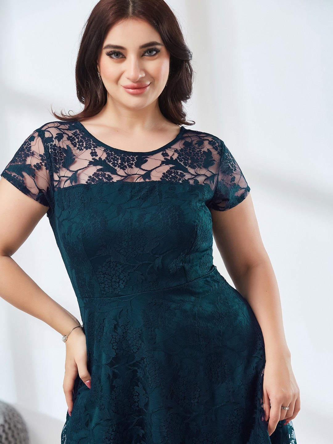 Teal Round Neck Cap Sleeve Self-Designed Skater Mini Dress for Women