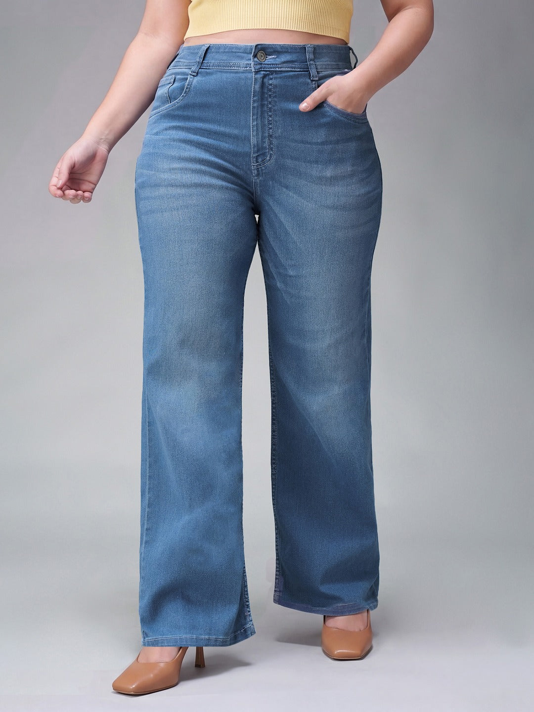 Light Blue Wide-Leg Mid Rise Blast Effect Denim Jeans for Women