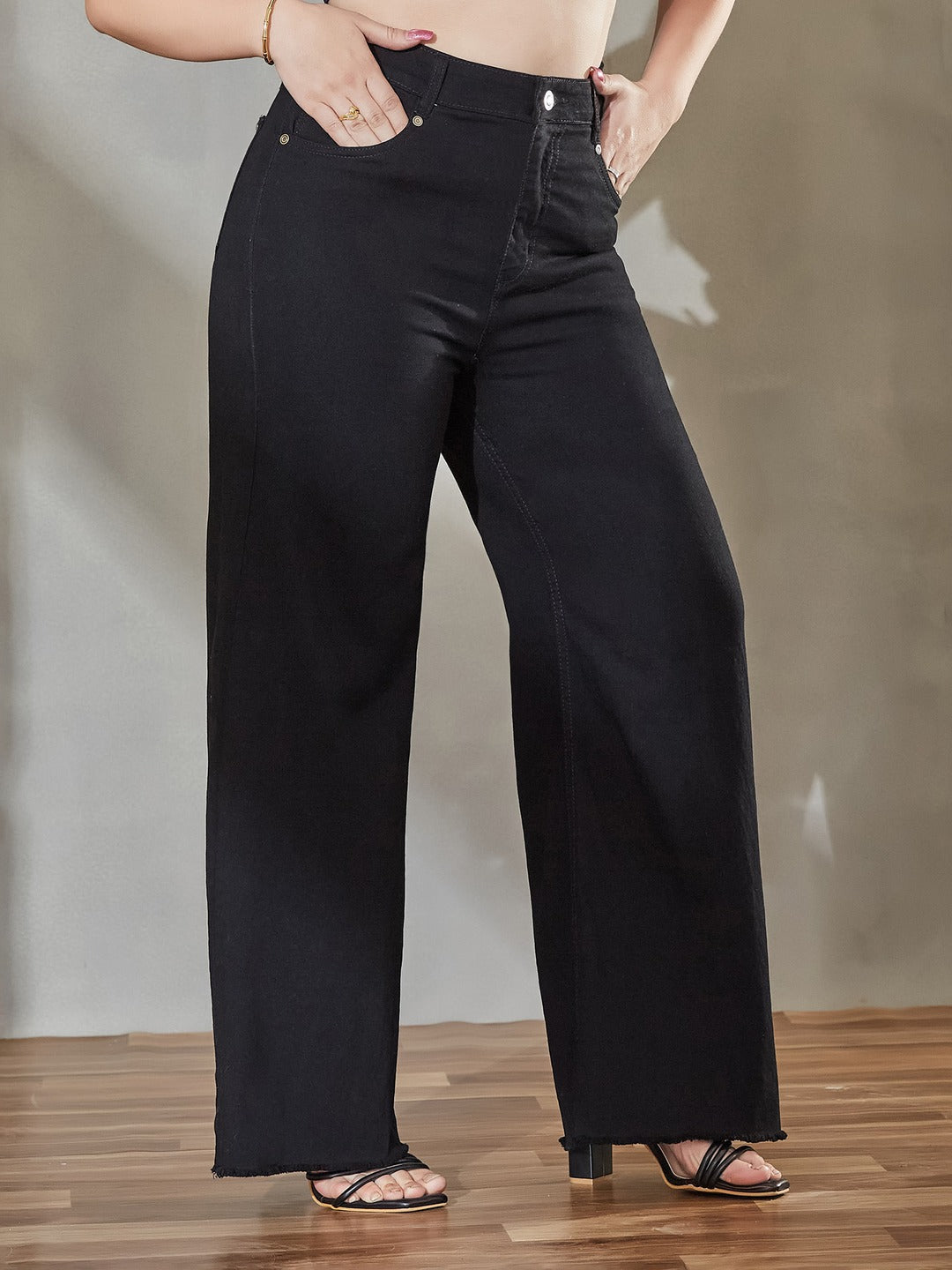Black High Rise Stretchable Wide Leg Denim Jeans for Women