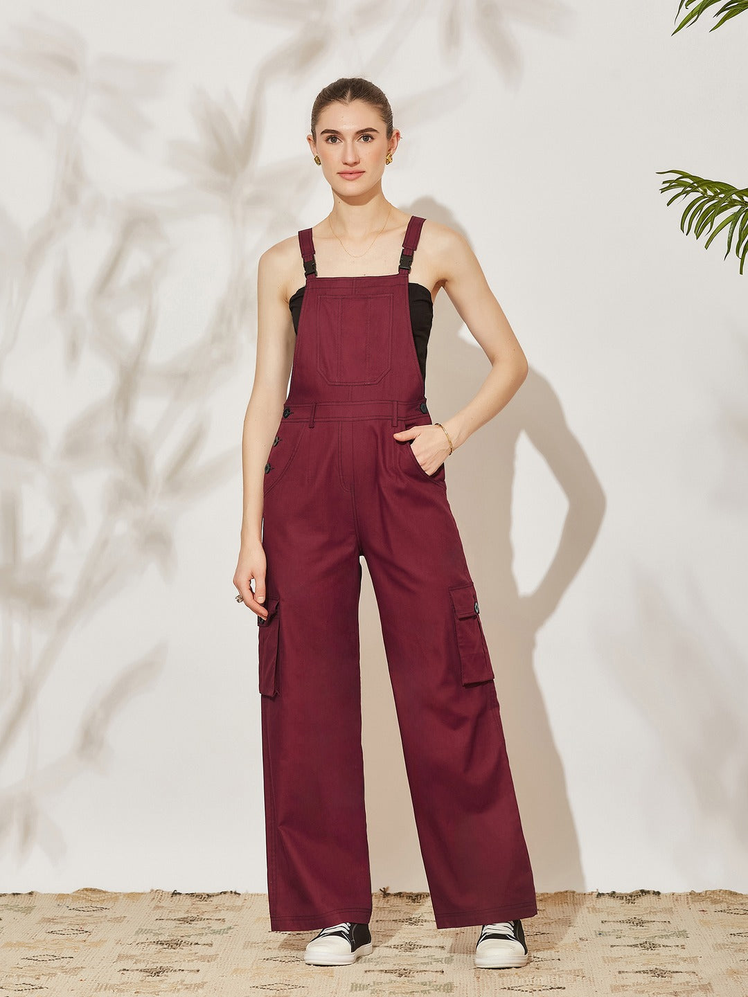 Maroon Square Neck Sleeveless Solid Full Length Cotton Dungaree for Women