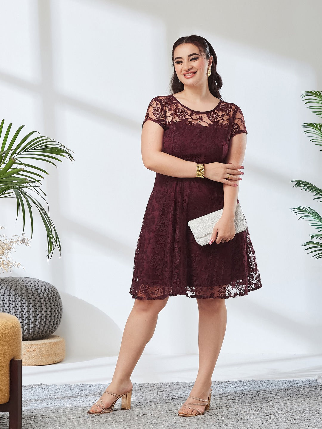 Wine Round Neck Cap Sleeves Lace Knee-Long Skater Dress for Women