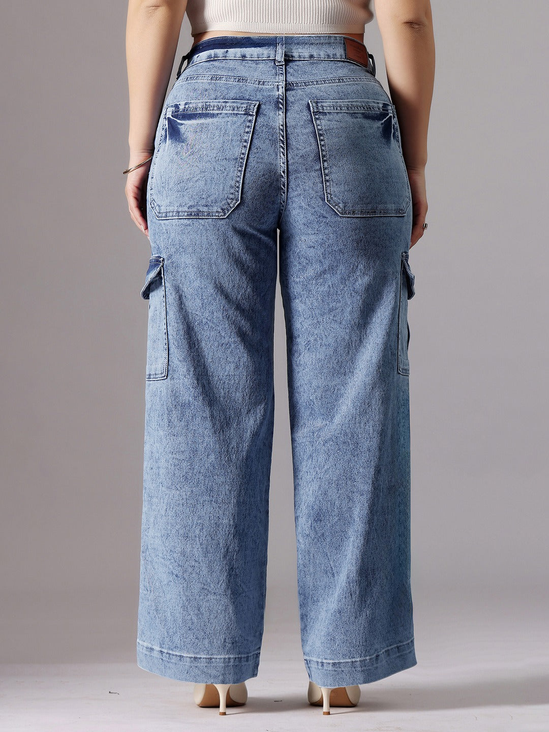 Light Blue Wide-Leg High-Rise Stretchable Flared Cargo Style Denim Jeans for Women