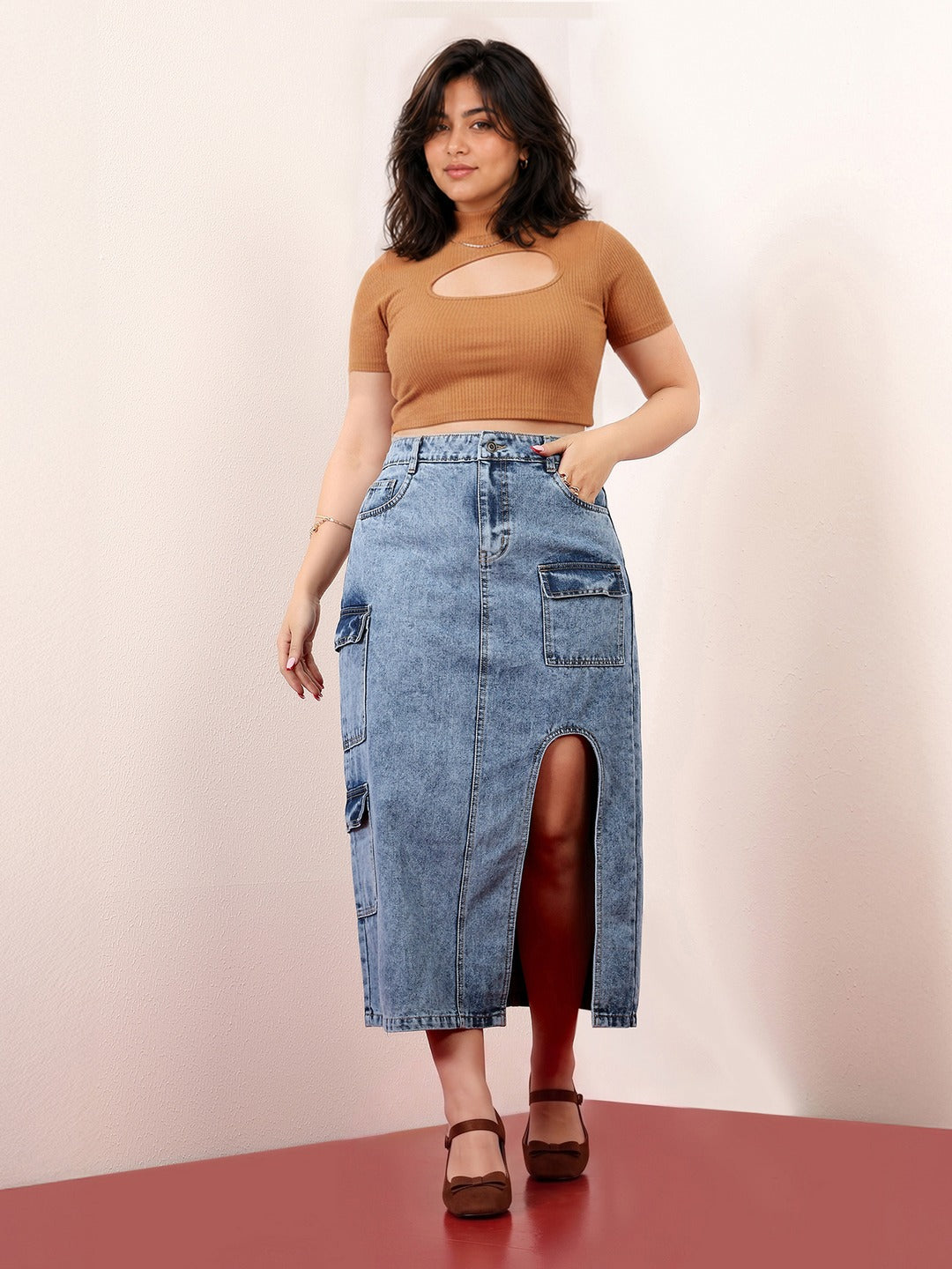 Blue Straight-Fit High-Rise Non-stretchable Denim Midi Skirt for Women