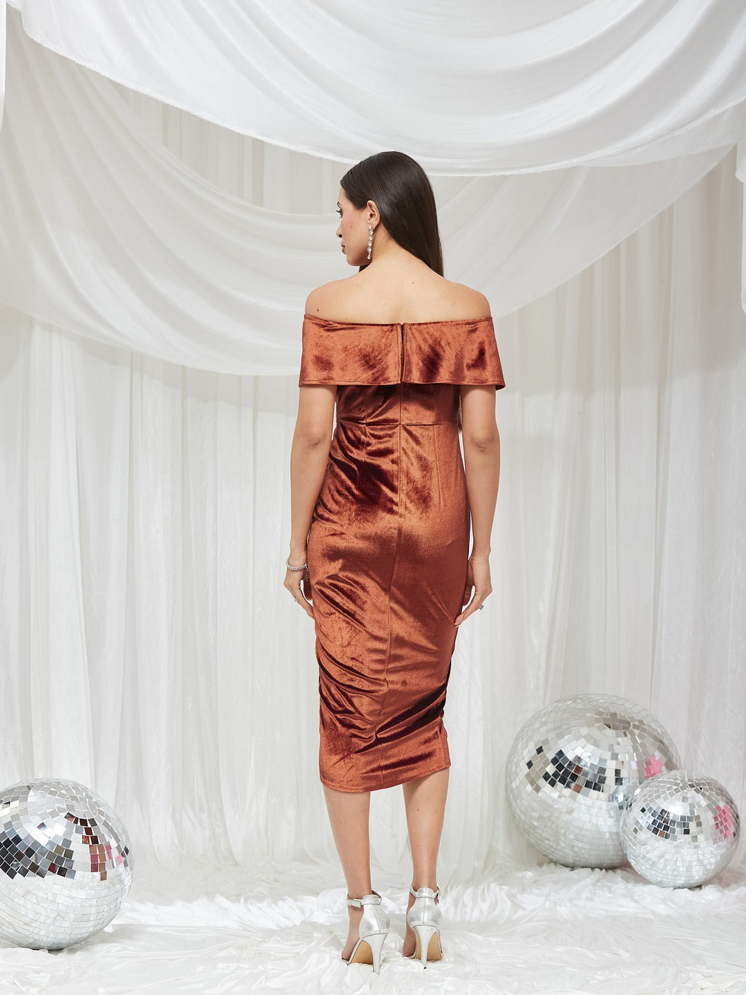 Rust Velvet Off-Shoulder Draped Knee-Length Dress with Tulip Hem for Women