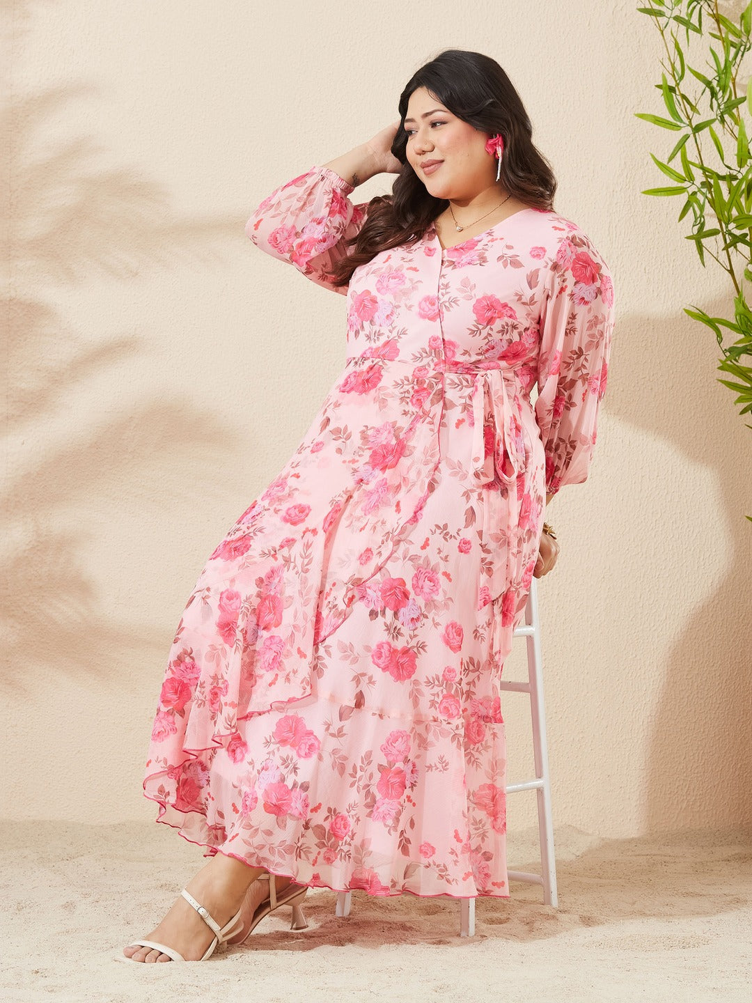 Pink Floral V-Neck 3/4 Sleeve Wrap Midi Chiffon Dress for Women