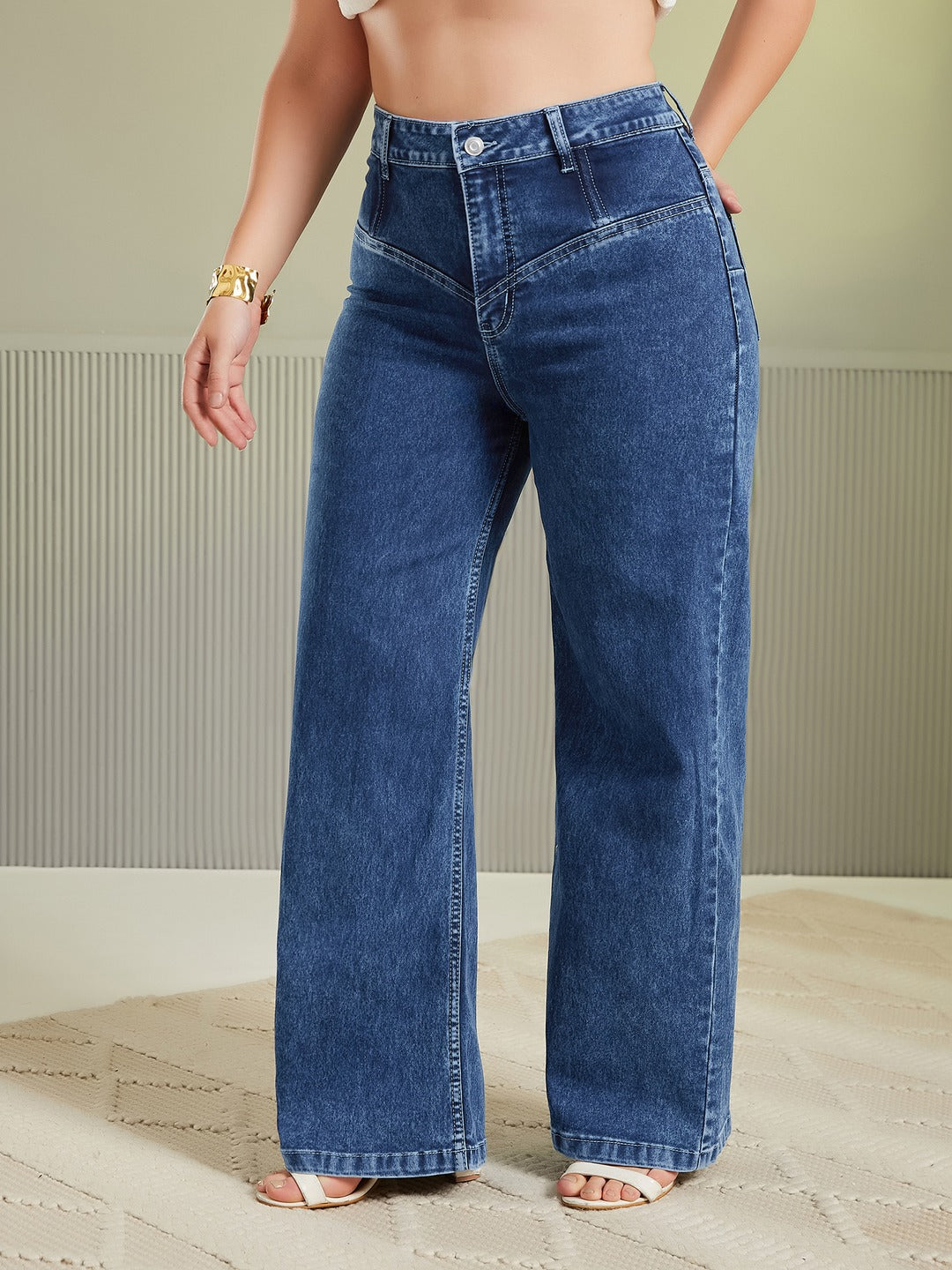 Black High Rise Stretchable Wide Leg Denim Jeans for Women