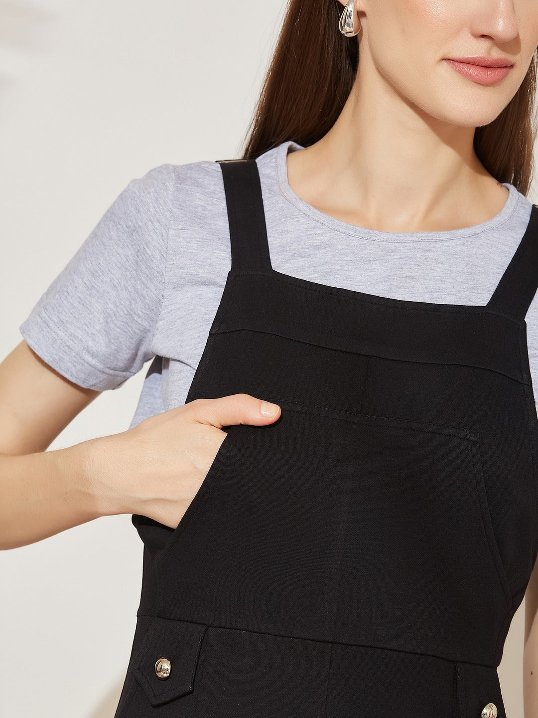 Black and Grey Solid Cotton Pinafore Maxi Co-ord Set with Utility Pockets for Women