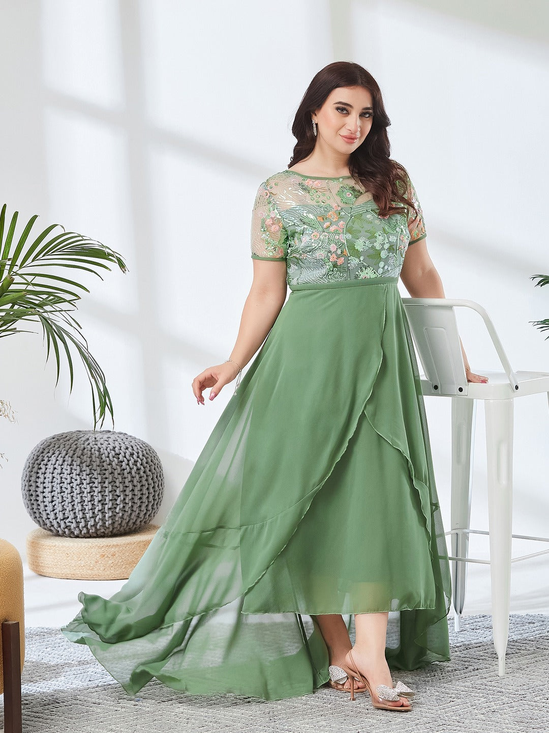 Light Green Embellished Layered Georgette Midi Dress for Women