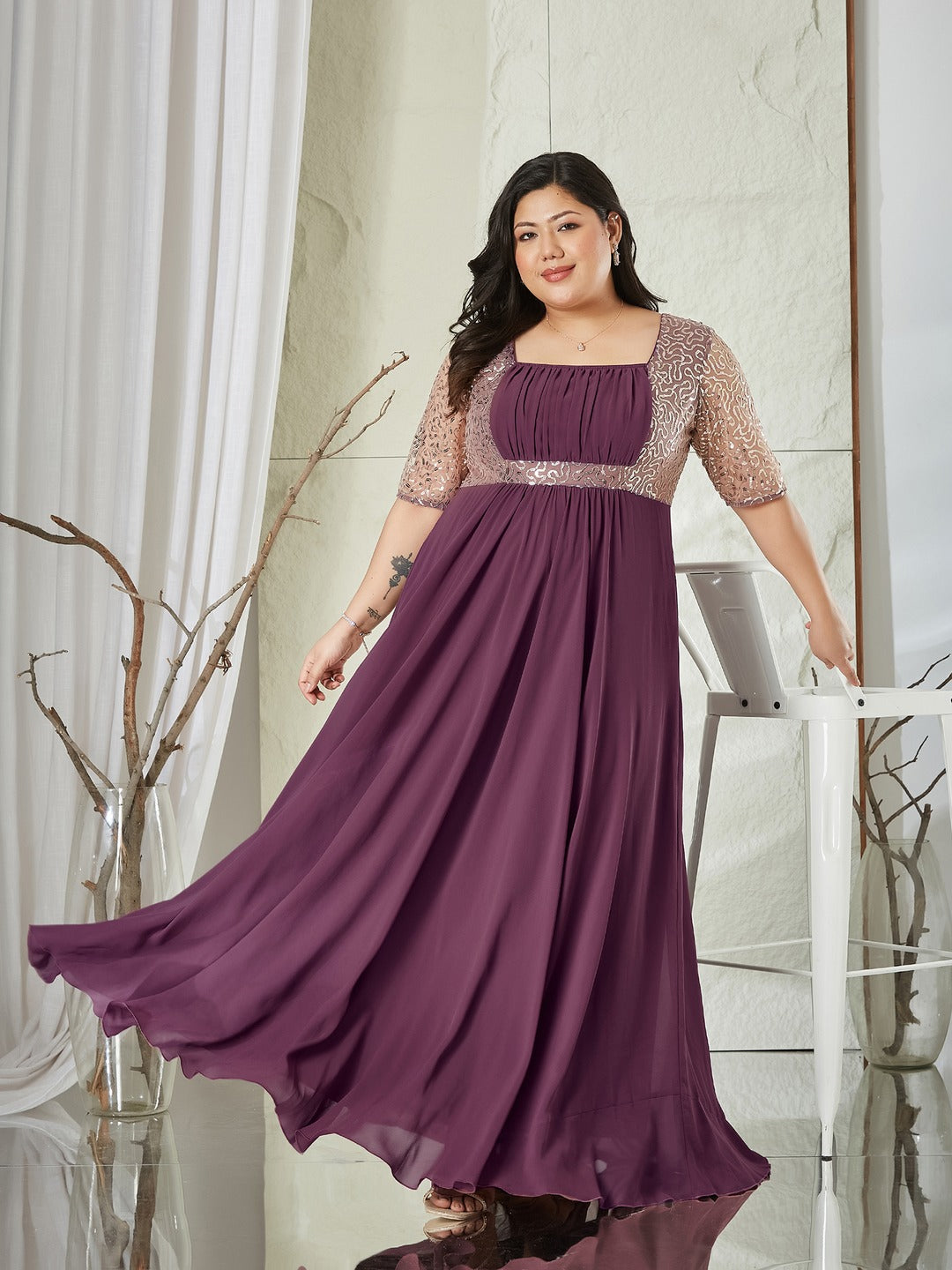 Mauve Square Neck Half Sleeve Solid Embellished Georgette Maxi Dress for Women