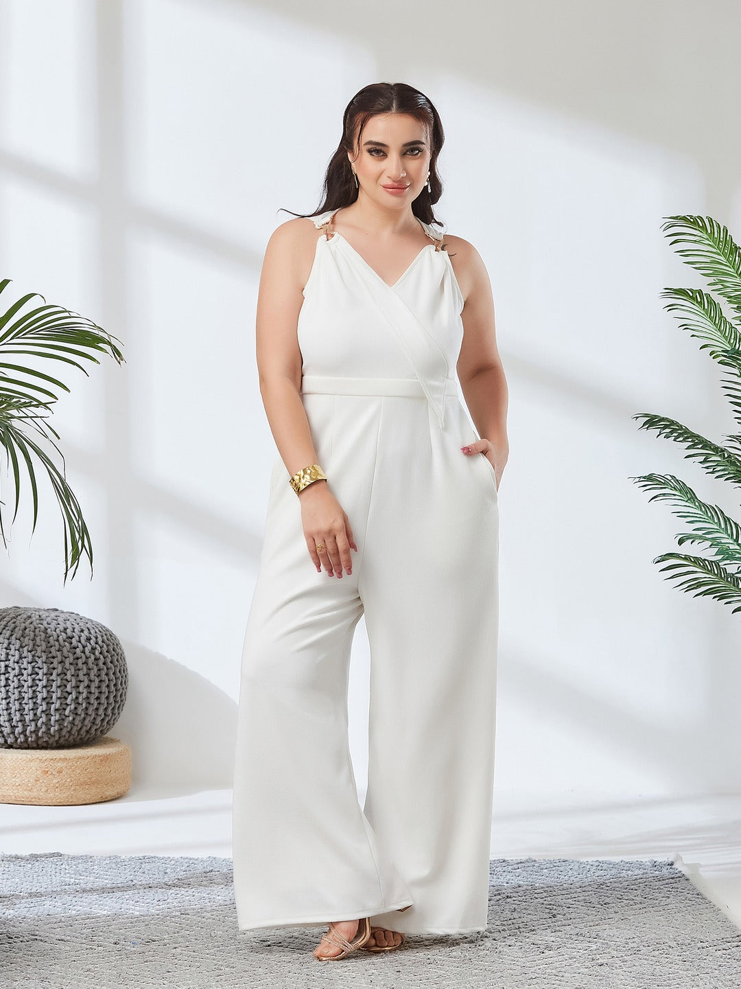 Off-White V-Neck Sleeveless Solid Wrap Regular-Length Polyester Jumpsuit for Women