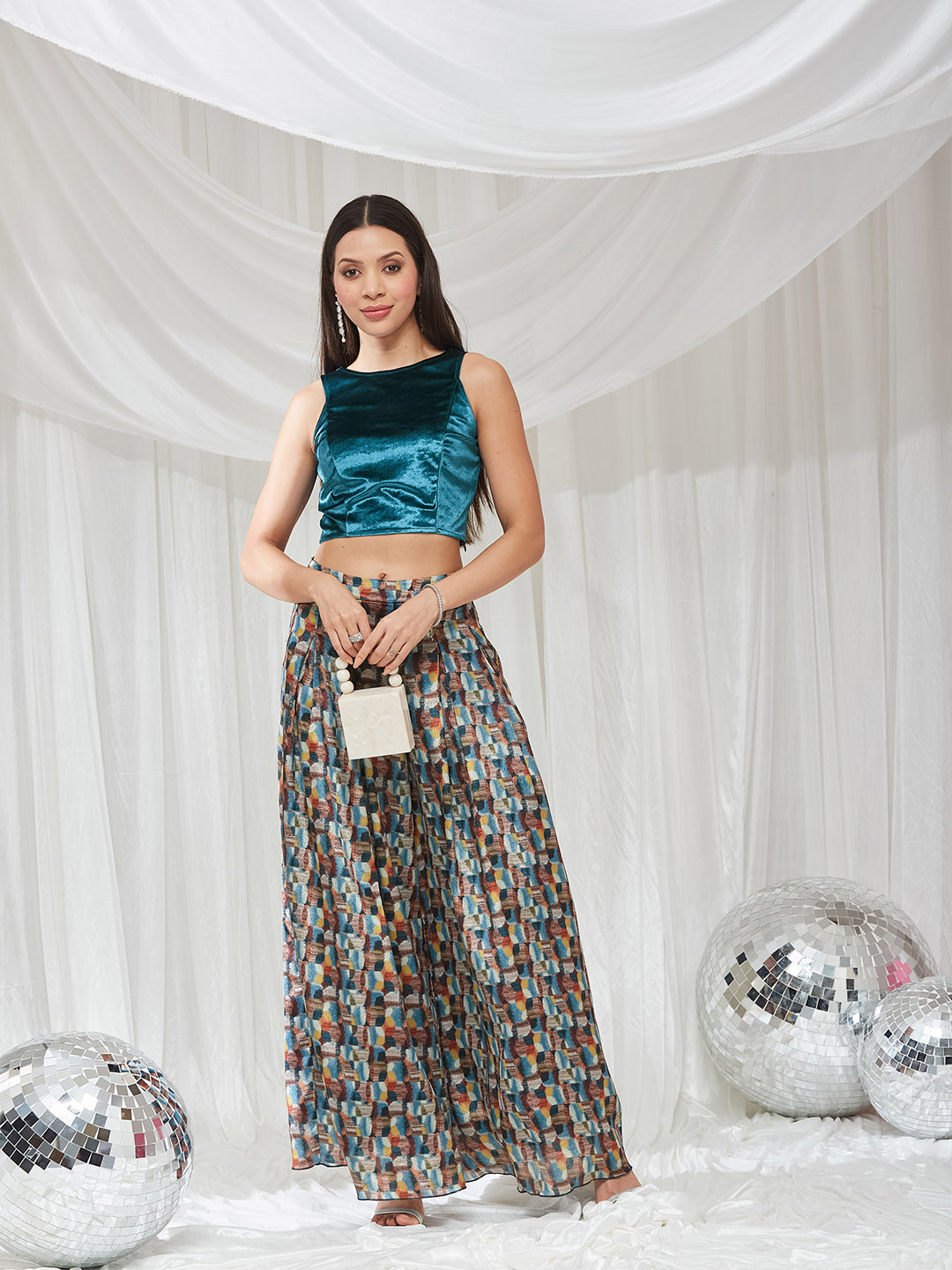Teal Boat Neck Sleeveless Abstract Pleated Polyester Co-Ord Set for Women