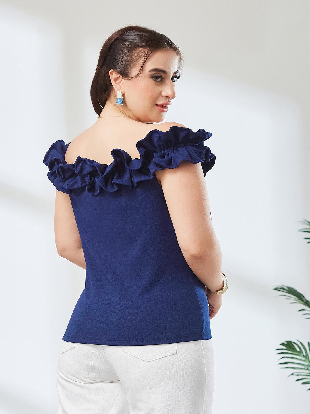 Navy Blue Off Shoulder Sleeveless Solid Ruffled Frilled Gathered Bardot Top for Women