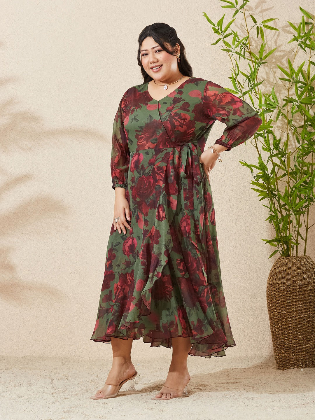 Olive & Wine Floral V-Neck 3/4 Sleeve Wrap Midi Chiffon Dress for Women