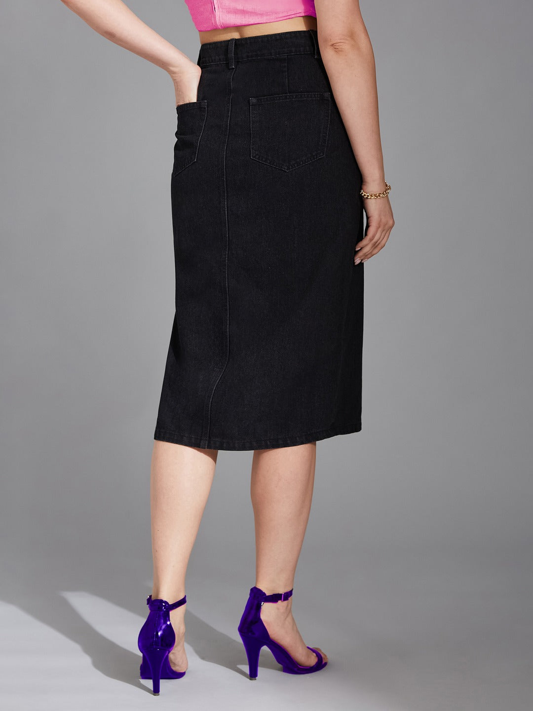 Black Straight-Fit High-Rise Stretchable Denim Midi Skirt for Women