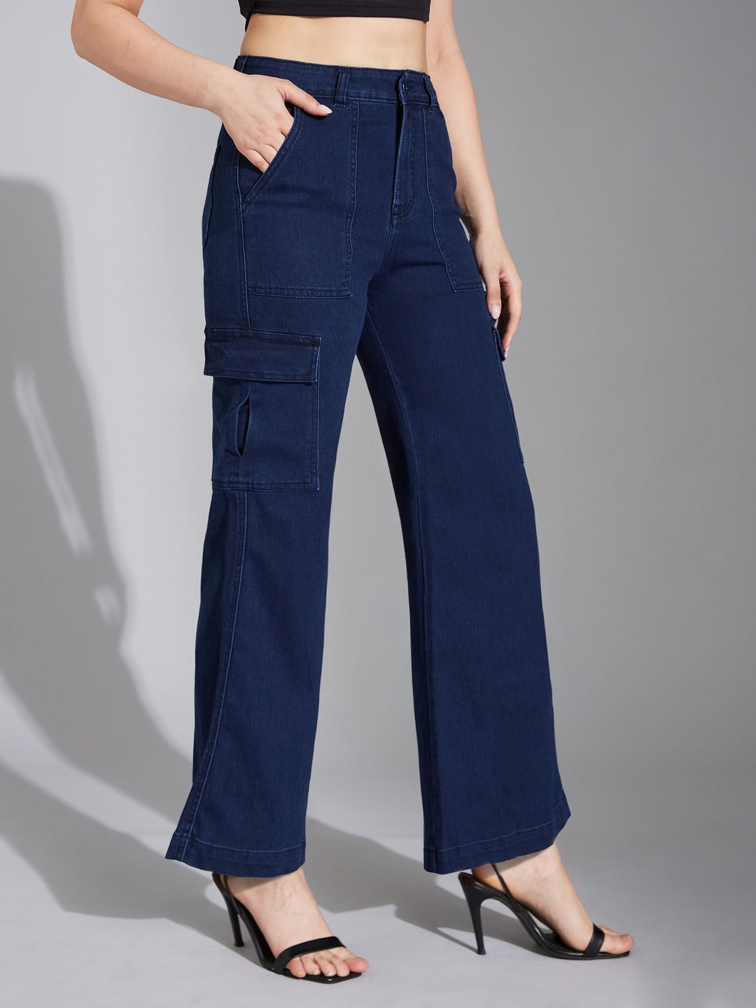 Navy Blue Wide-Leg High-Rise Stretchable Denim Cargo Jeans for Women