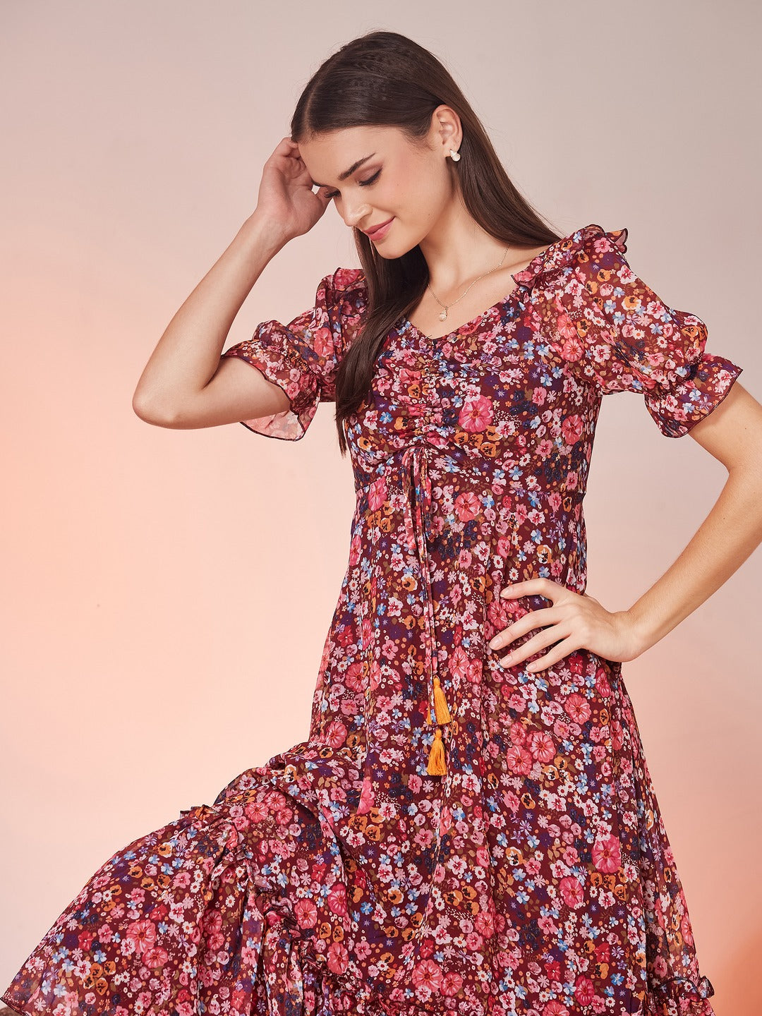 Wine V-Neck Puff Sleeve Floral Ruching Ankle-Length Dress for Women