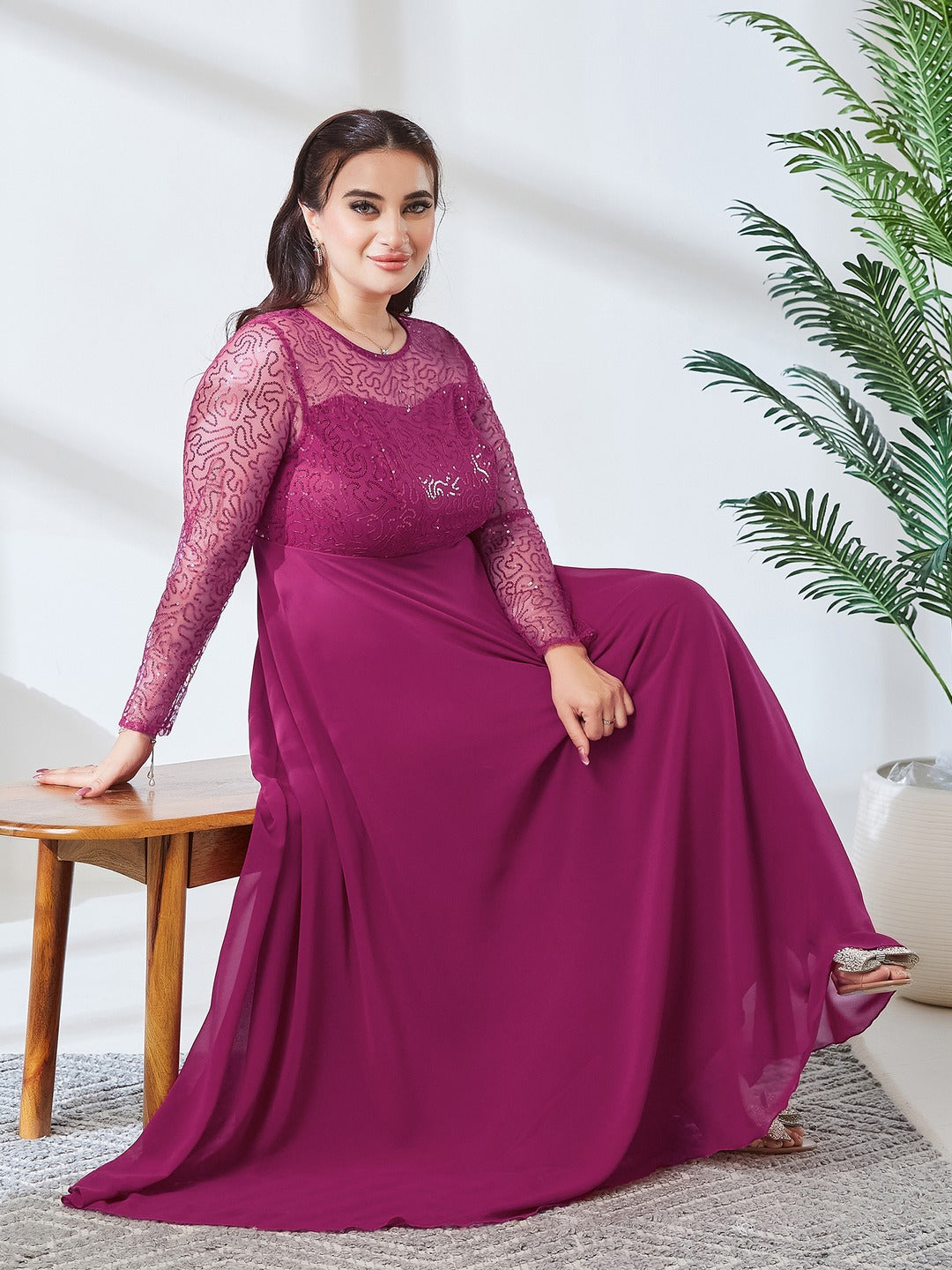 Ruby Pink Solid Embellished Maxi Dress for Women