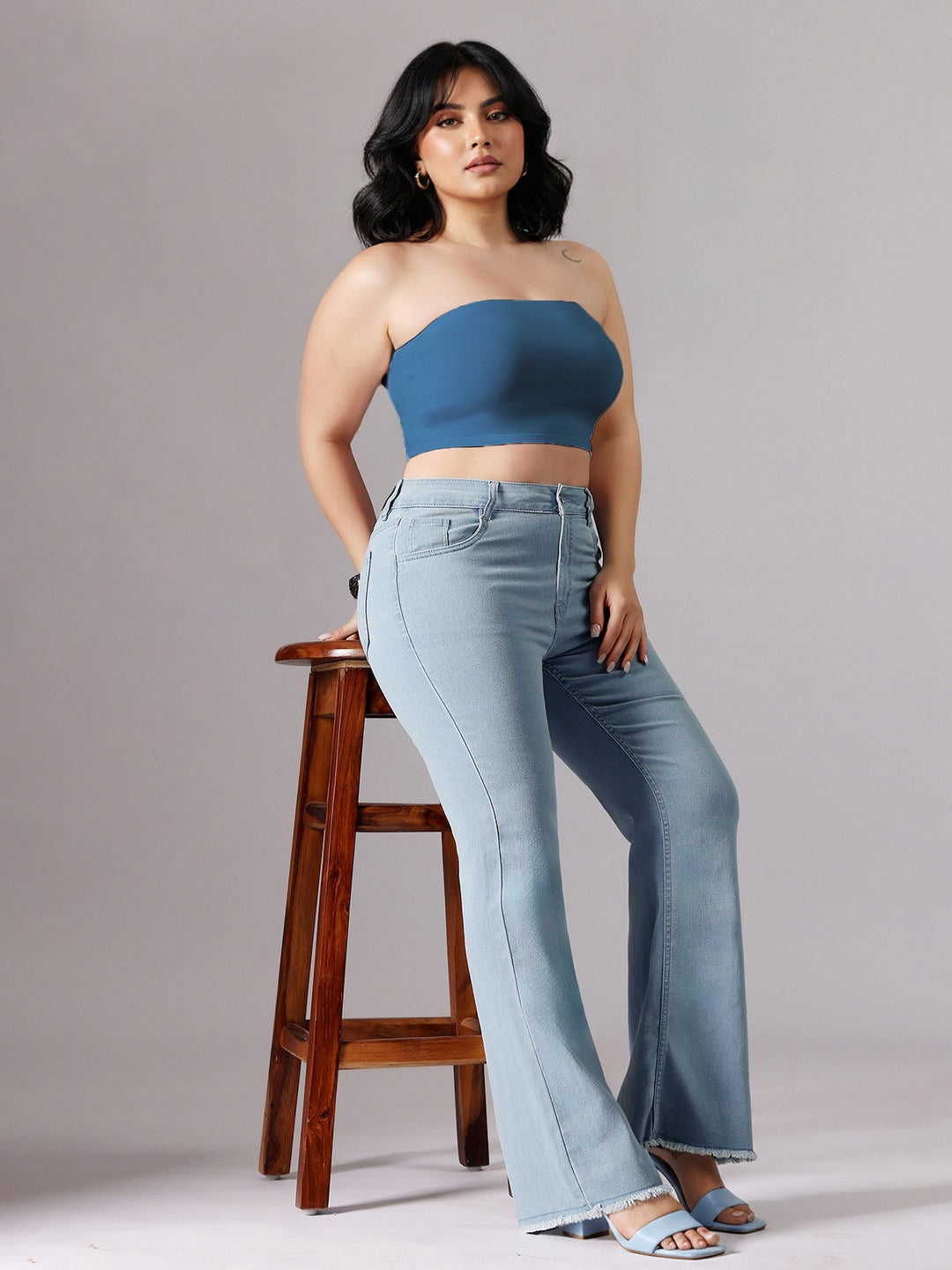 Light Blue Boot Cut High rise Cropped Stretchable Denim Jeans for Women