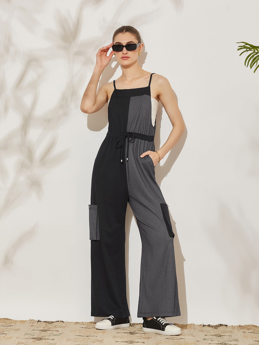 Black & Grey Square Neck Sleeveless Dual Tone Full Length Cotton Dungaree for Women