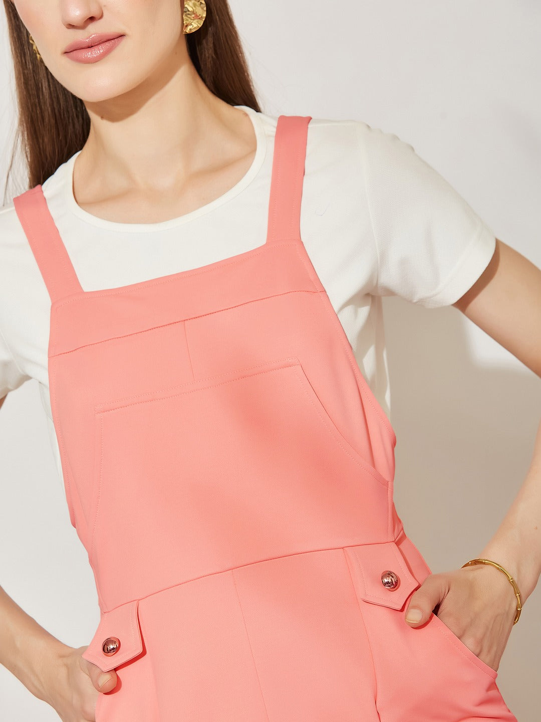 Peach and Off-White Solid Pinafore Midi Polyester Co-ord Set with Utility Pockets for Women