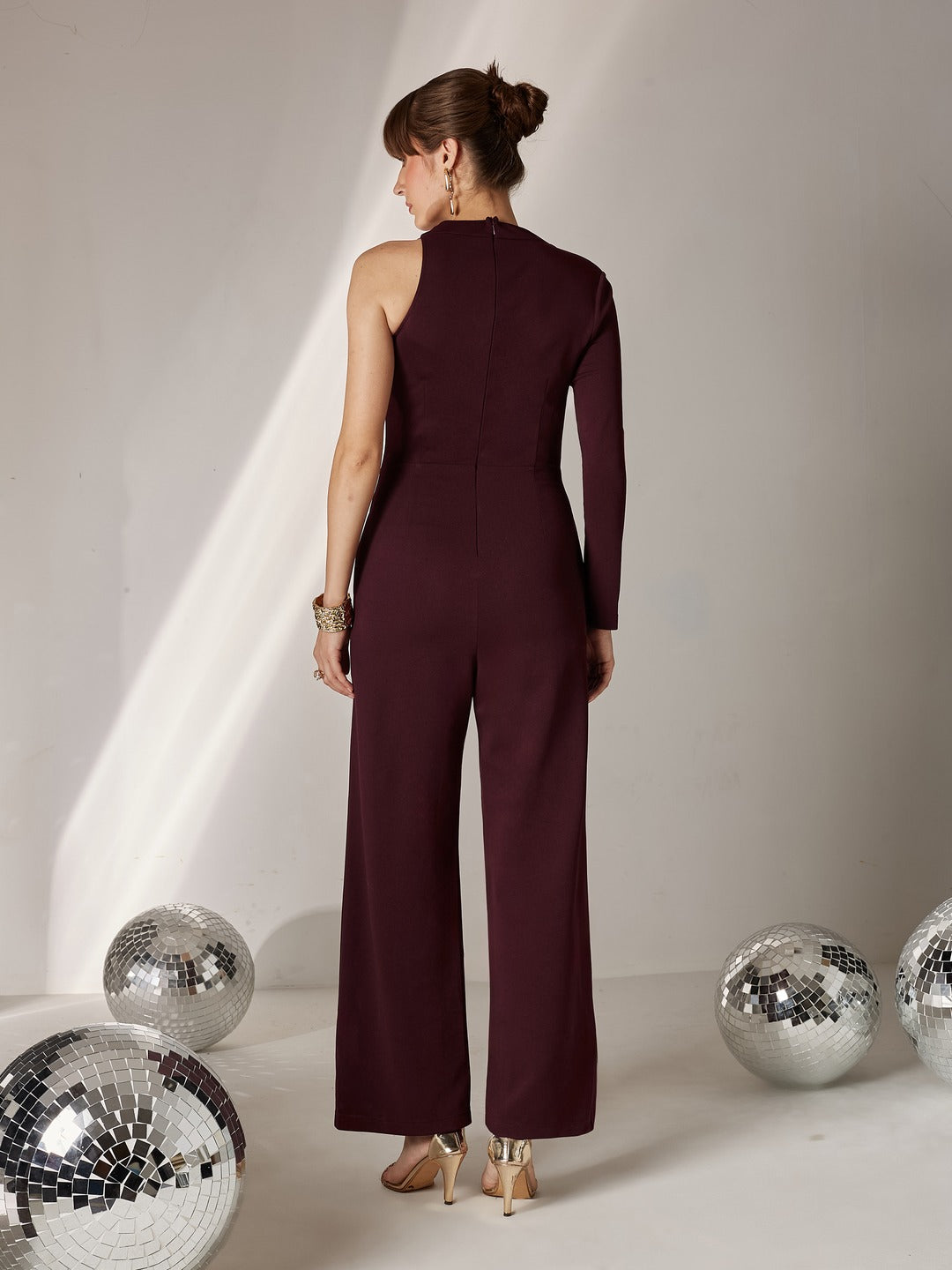 Wine Embellished Shawl Collar Asymmetric Polyester Blazer-Styled Slim Fit Regular Jumpsuit for Women