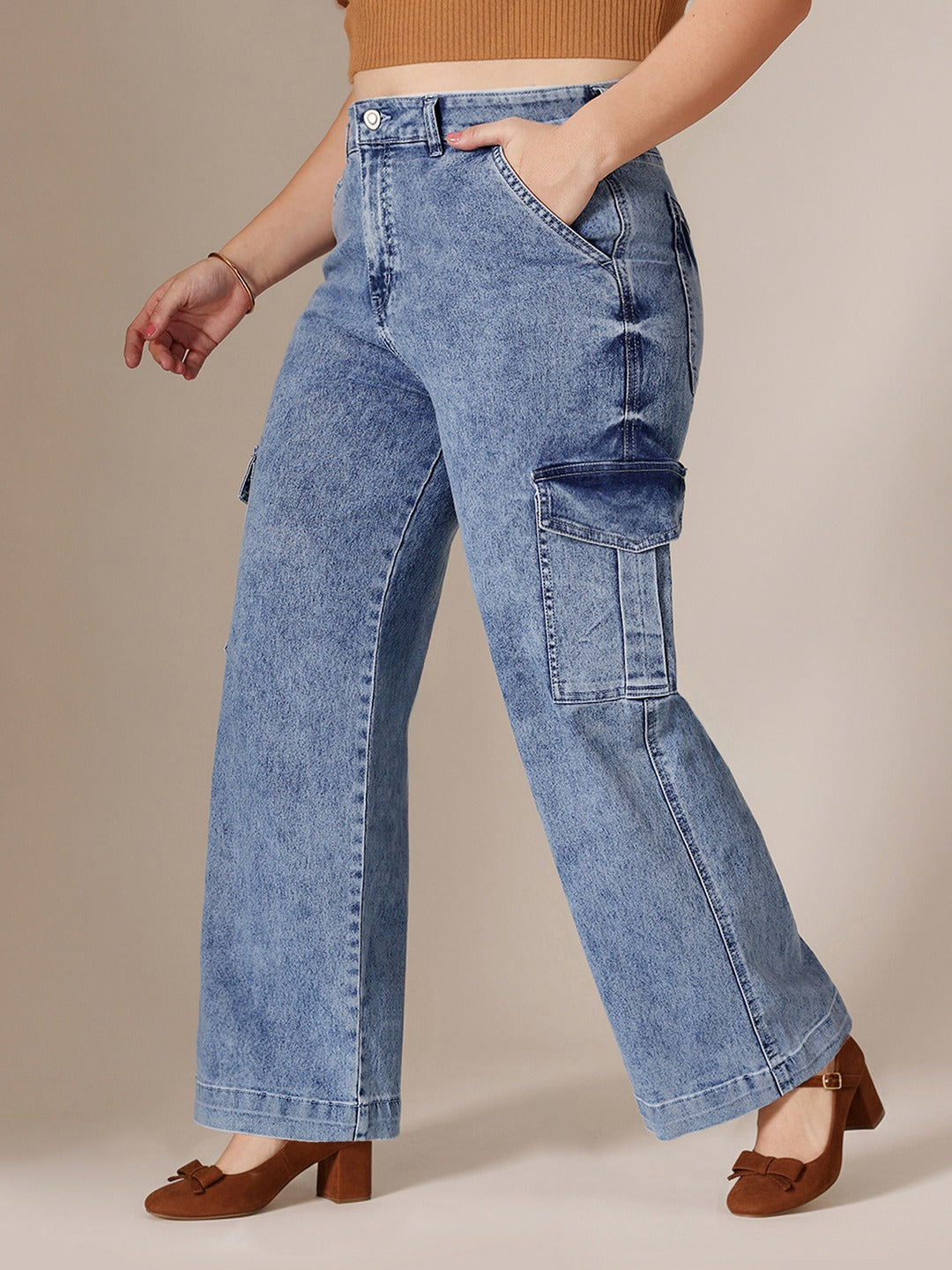 Light Blue Wide-Leg High-Rise Stretchable Flared Cargo Style Denim Jeans for Women