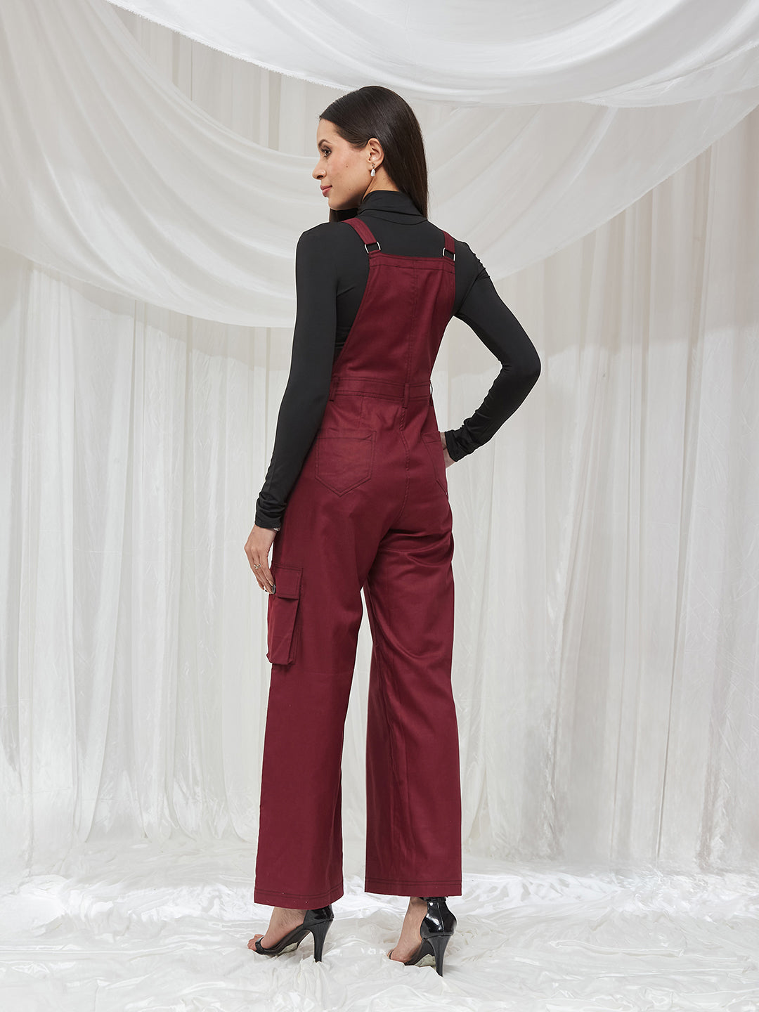 Maroon Square Neck Sleeveless Solid Full Length Cotton Dungaree for Women