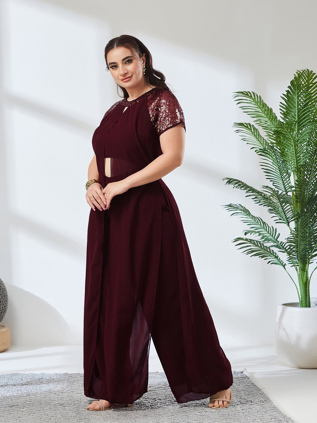 Wine Solid Regular Length Round Neck Raglan Short Sleeves Sequin Panel Layered Embellished Jumpsuit for Women