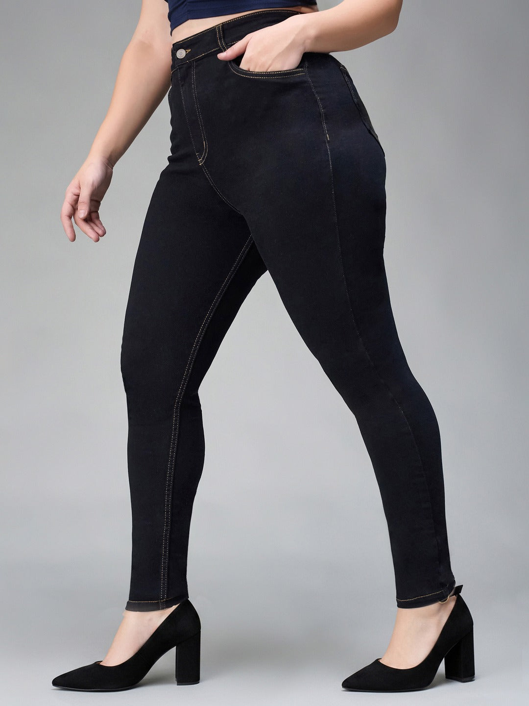 Black Skinny High Rise Regular Stretchable Denim Jeans for Women