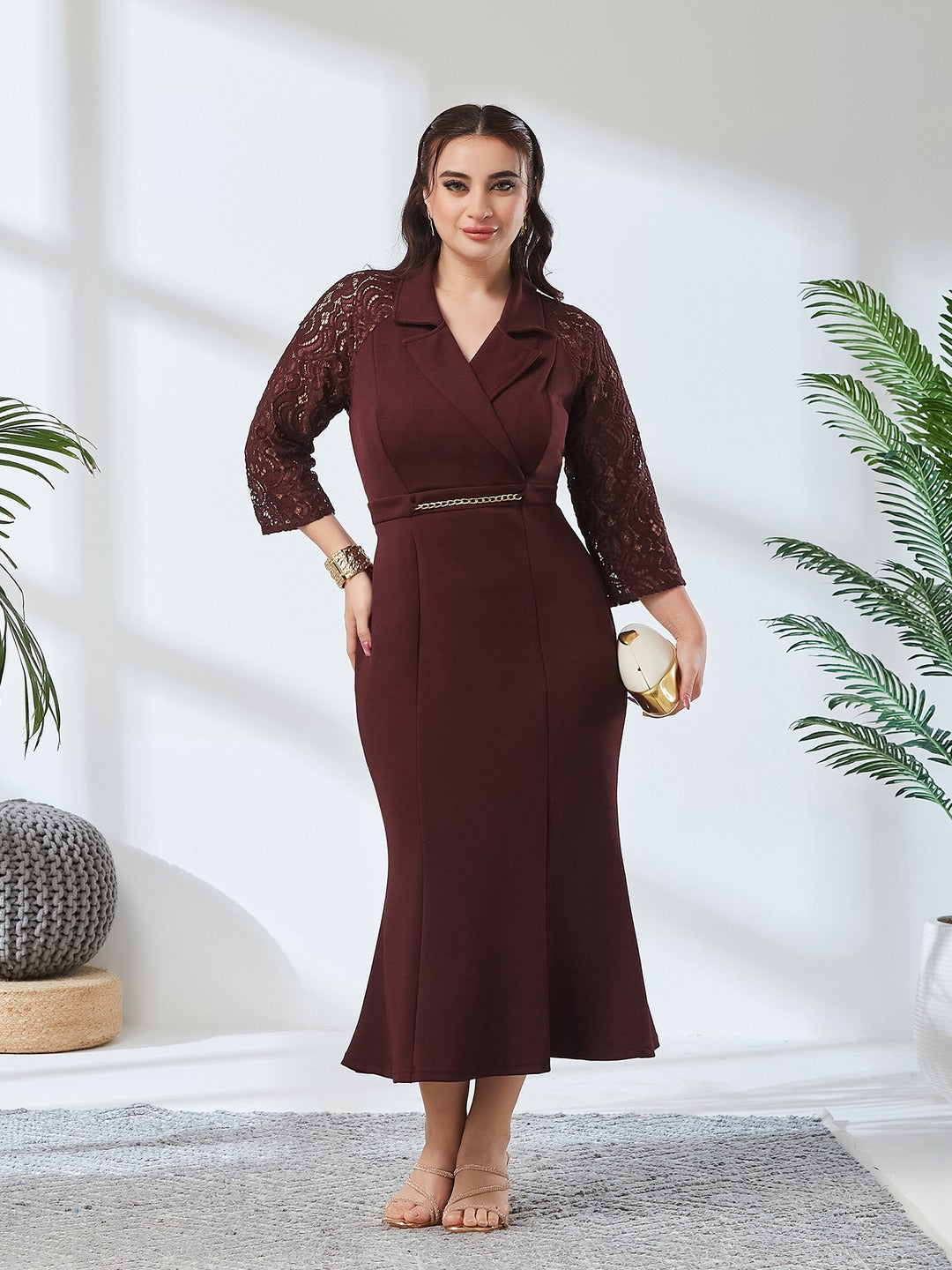 Wine Notched Collar Three-Quarter Sleeve Self-Designed Bodycon Midi Dress for Women
