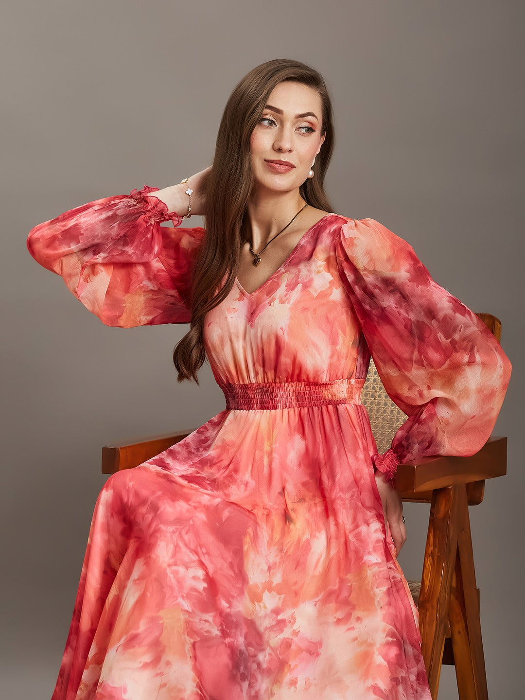 Flame Orange & Pink Floral V-Neck Bishop Sleeve Smocked Chiffon Maxi Dress for Women