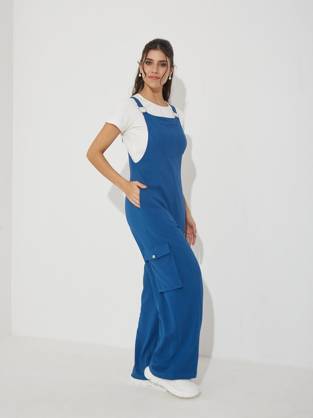 Azure Blue Round Neck Half Sleeve Solid Polyester Regular Fit Dungaree Co-Ord Set for Women