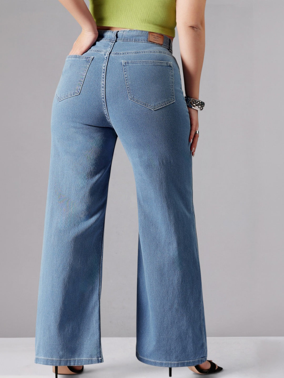Blue Wide-Leg High-Rise Stretchable Denim Jeans for Women