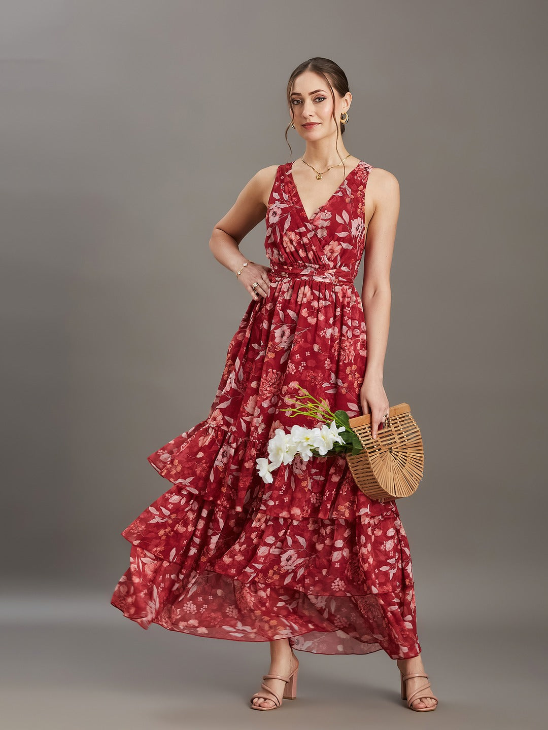 Maroon V-Neck Sleeveless Floral Criss Cross/ Layered/ Ruffled Maxi Chiffon Dress for Women