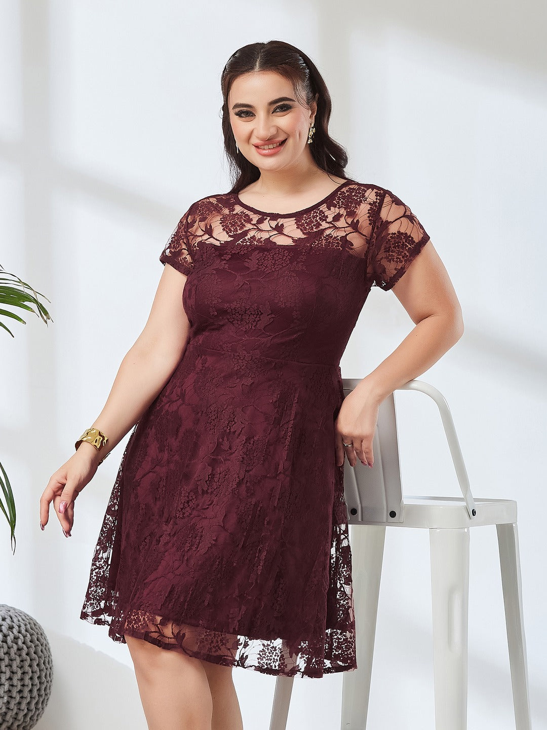 Wine Round Neck Cap Sleeves Lace Knee-Long Skater Dress for Women