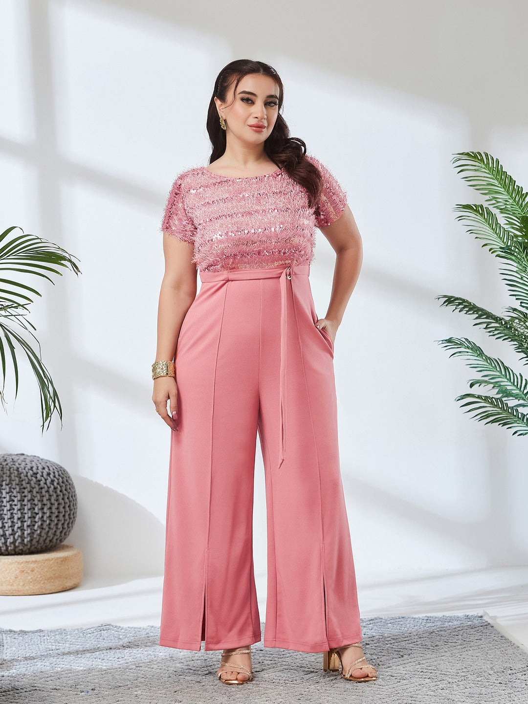Dusty Pink Embellished Regular Jumpsuit for Women