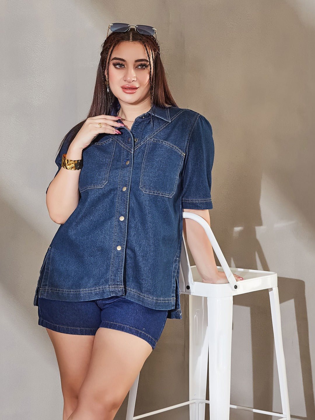 Navy Blue Boxy Denim Shirt - Half Sleeves, Collared, Relaxed Fit for Women