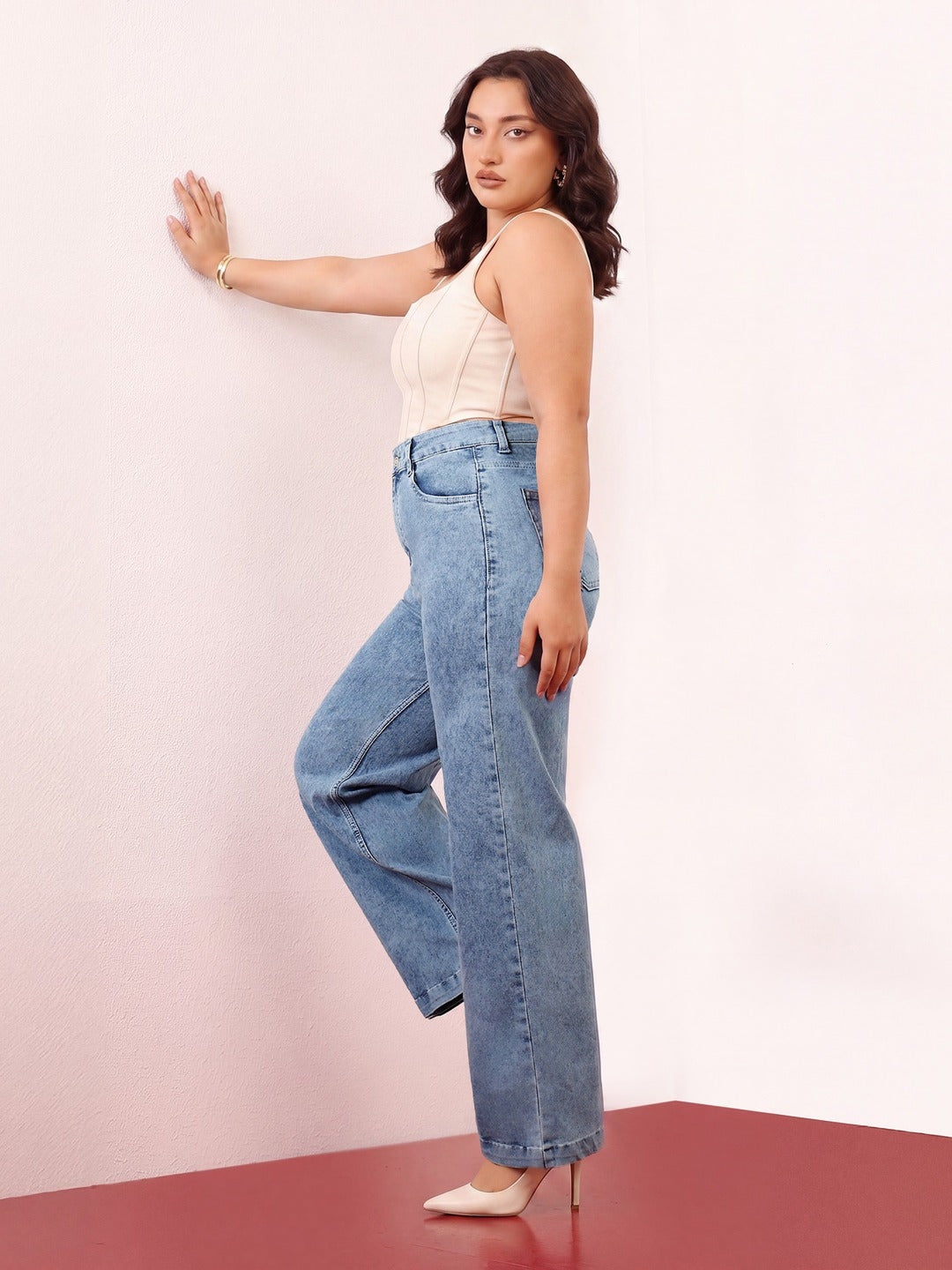 Light Blue Wide-Leg High Rise Regular Stretchable Denim Jeans for Women